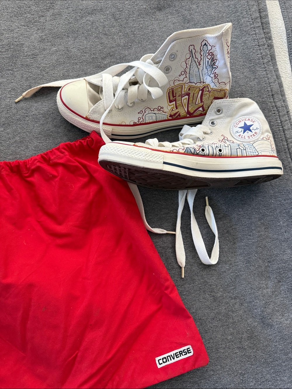Converse White High Top Sneakers with Red and Gold Graffiti New York City